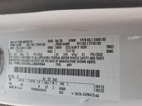 Aukcja sprzedaży 2020 Ford Escape, vin: 1FMCU0G65LUB65594, numer aukcji: 89811395
