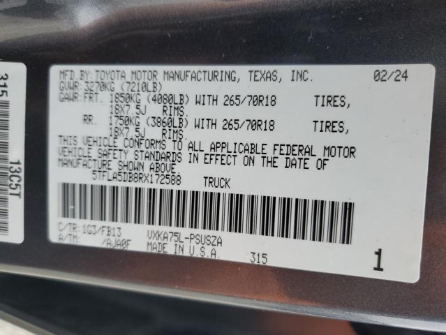 2024 Toyota Tundra მანქანა იყიდება აუქციონზე, vin: 5TFLA5DB8RX172588, აუქციონის ნომერი: 87312365