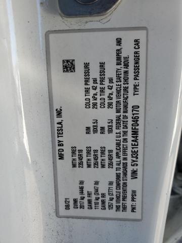 87115775 :رقم المزاد ، 5YJ3E1EA4MF046170 vin ، 2021 Tesla Model 3 مزاد بيع