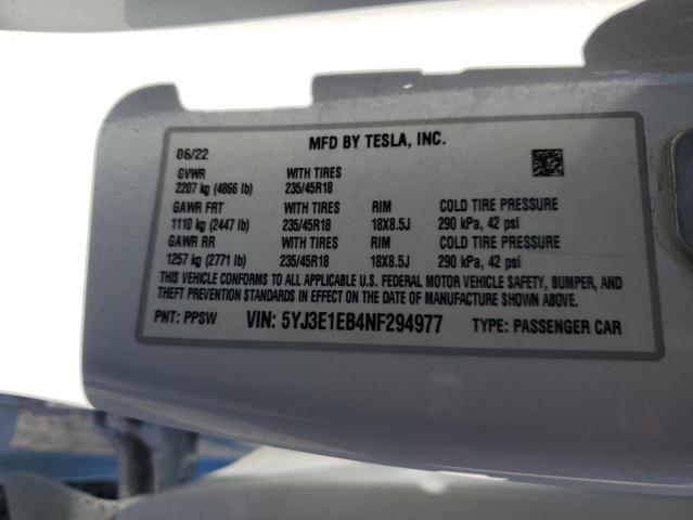 Продаж на аукціоні авто 2022 Tesla Model 3, vin: 5YJ3E1EB4NF294977, номер лоту: 90311645