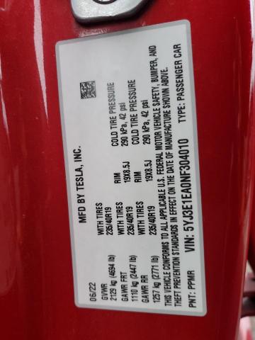 2022 Tesla Model 3 მანქანა იყიდება აუქციონზე, vin: 5YJ3E1EA0NF304010, აუქციონის ნომერი: 90541065