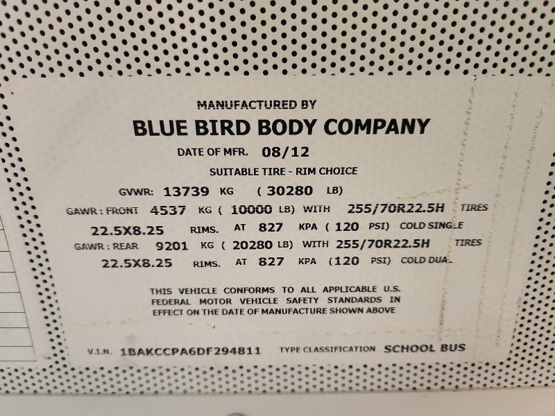 97234595 :رقم المزاد ، 1BAKCCPA6DF294811 vin ، 2013 Blue Bird School Bus مزاد بيع