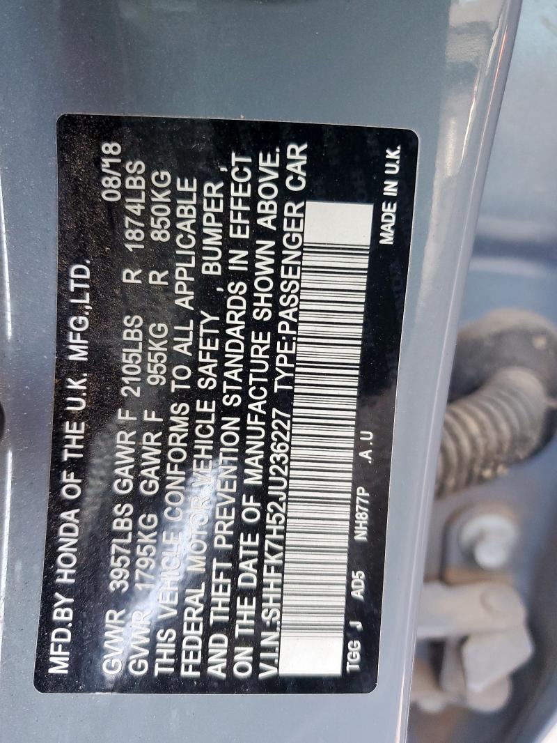 Aukcja sprzedaży 2018 Honda Civic Ex, vin: SHHFK7H52JU236227, numer aukcji: 85697085