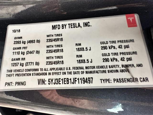 2018 Tesla Model 3 მანქანა იყიდება აუქციონზე, vin: 5YJ3E1EB1JF119497, აუქციონის ნომერი: 86625345