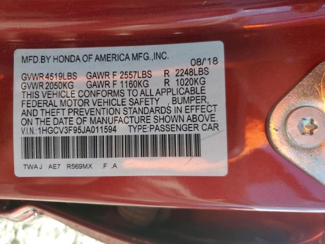 Aukcja sprzedaży 2018 Honda Accord, vin: 1HGCV3F95JA011594, numer aukcji: 84818405
