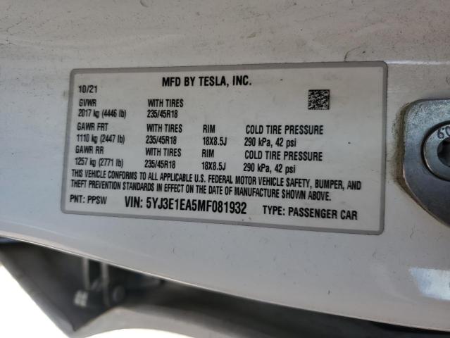 2021 Tesla Model 3 მანქანა იყიდება აუქციონზე, vin: 5YJ3E1EA5MF081932, აუქციონის ნომერი: 86554755