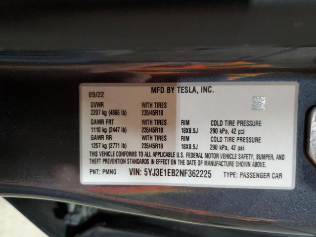 Aukcja sprzedaży 2022 Tesla Model 3, vin: 5YJ3E1EB2NF362225, numer aukcji: 86308625