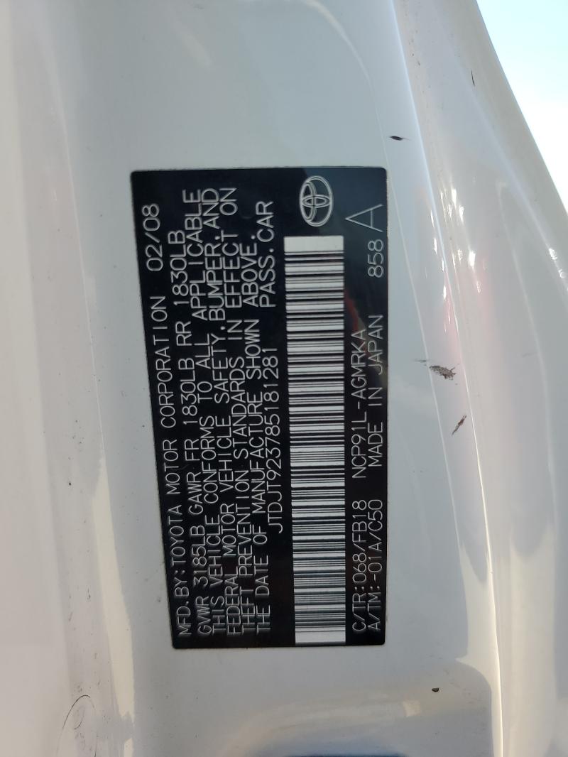 Aukcja sprzedaży 2008 Toyota Yaris, vin: JTDJT923785181281, numer aukcji: 85135495