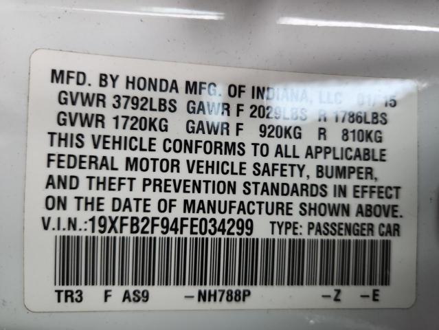 2015 Honda Civic მანქანა იყიდება აუქციონზე, vin: 19XFB2F94FE034299, აუქციონის ნომერი: 84902585