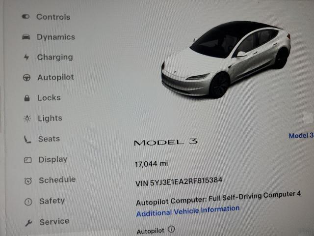 2024 Tesla Model 3 მანქანა იყიდება აუქციონზე, vin: 5YJ3E1EA2RF815384, აუქციონის ნომერი: 90086675
