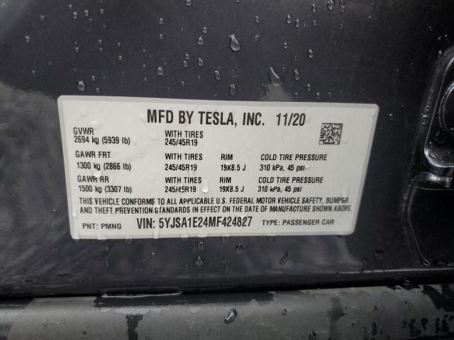 2021 Tesla Model S მანქანა იყიდება აუქციონზე, vin: 5YJSA1E24MF424827, აუქციონის ნომერი: 89506205