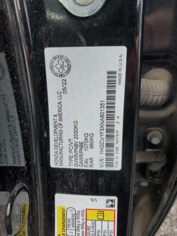 85868525 :رقم المزاد ، 1HGCV1F3XNA801351 vin ، 2022 Honda Accord مزاد بيع