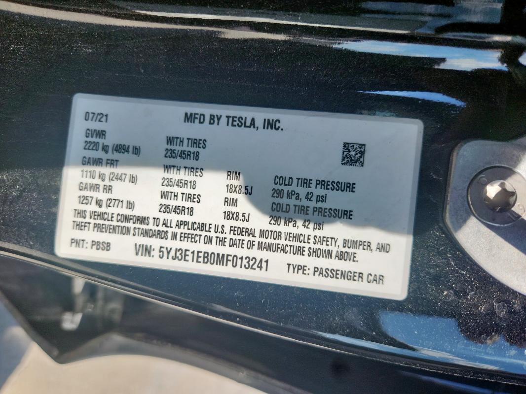2021 Tesla Model 3 მანქანა იყიდება აუქციონზე, vin: 5YJ3E1EB0MF013241, აუქციონის ნომერი: 83966575