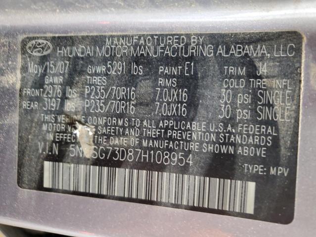 2007 Hyundai Santa Fe მანქანა იყიდება აუქციონზე, vin: 5NMSG73D87H108954, აუქციონის ნომერი: 85596035