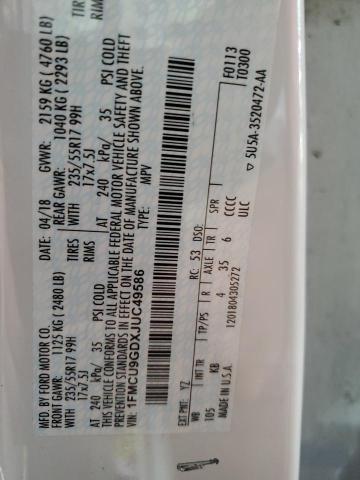 86699655 :رقم المزاد ، 1FMCU9GDXJUC49586 vin ، 2018 Ford Escape مزاد بيع