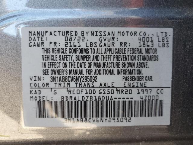 2022 Nissan Sentra Sv მანქანა იყიდება აუქციონზე, vin: 3N1AB8CV6NY295092, აუქციონის ნომერი: 87026655
