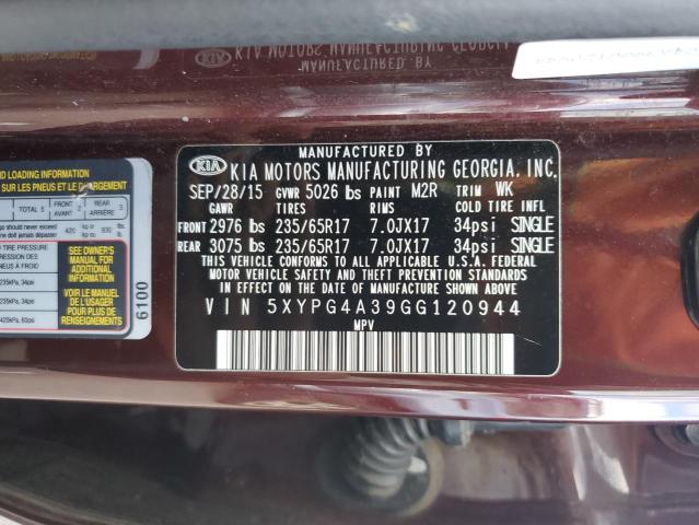 2016 Kia Sorento მანქანა იყიდება აუქციონზე, vin: 5XYPG4A39GG120944, აუქციონის ნომერი: 90715835