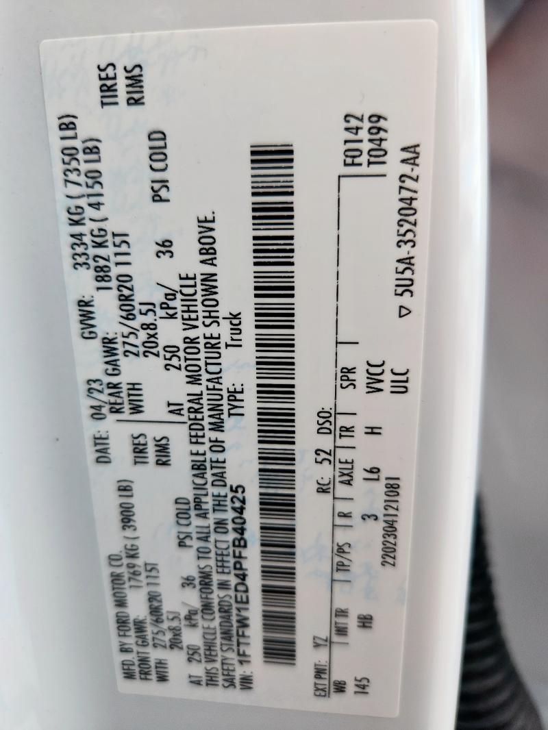 2023 Ford F150 Super მანქანა იყიდება აუქციონზე, vin: 1FTFW1ED4PFB40425, აუქციონის ნომერი: 96395415