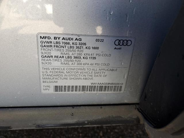 87082345 :رقم المزاد ، WA1AAAGE8NB033519 vin ، 2022 Audi E-tron مزاد بيع