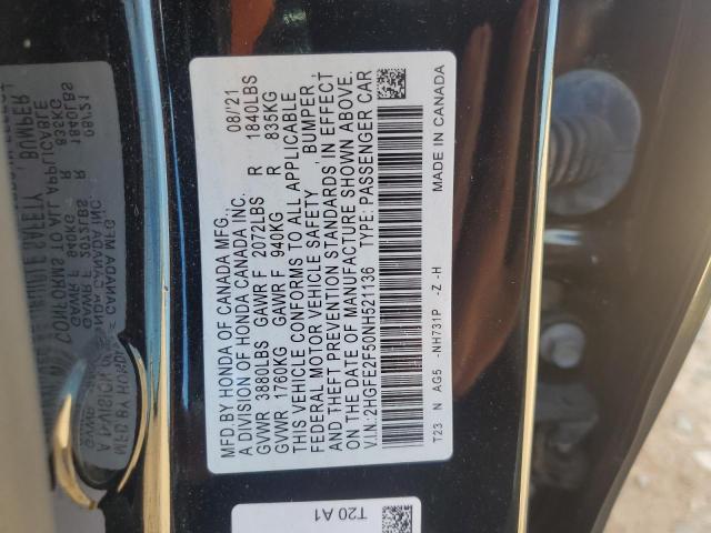 Продаж на аукціоні авто 2022 Honda Civic, vin: 2HGFE2F50NH521136, номер лоту: 85914415