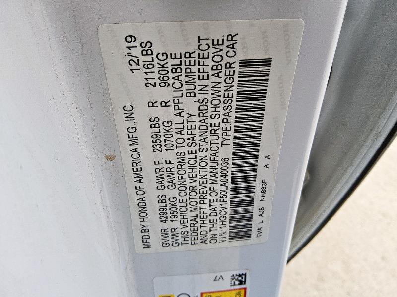 90229465 :رقم المزاد ، 1HGCV1F50LA040036 vin ، 2020 Honda Accord مزاد بيع
