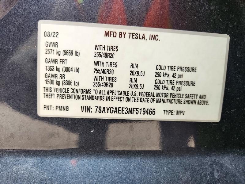Продажа на аукционе авто 2022 Tesla Model Y, vin: 7SAYGAEE3NF519466, номер лота: 72153986