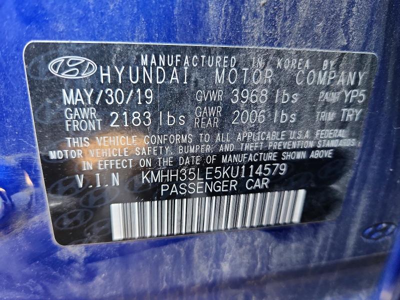 2019 Hyundai Elantra Gt მანქანა იყიდება აუქციონზე, vin: KMHH35LE5KU114579, აუქციონის ნომერი: 68296916