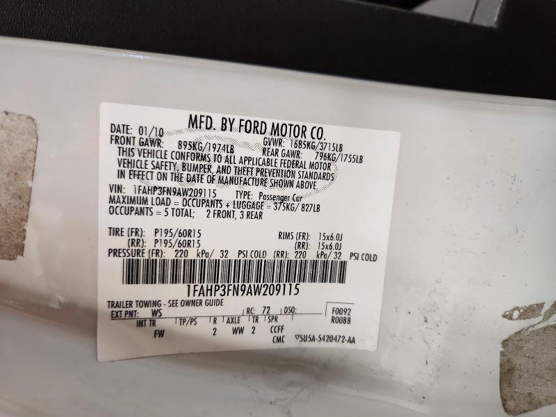 71985626 :رقم المزاد ، 1FAHP3FN9AW209115 vin ، 2010 Ford Focus مزاد بيع