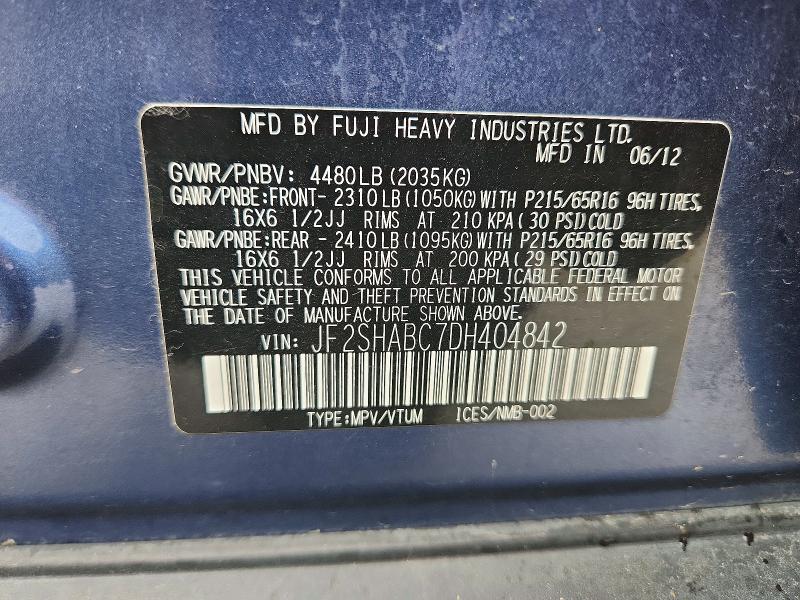 2013 Subaru Forester მანქანა იყიდება აუქციონზე, vin: JF2SHABC7DH404842, აუქციონის ნომერი: 70974726