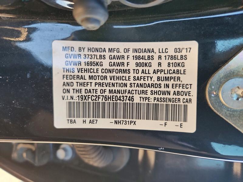 Aukcja sprzedaży 2017 Honda Civic, vin: 19XFC2F76HE043746, numer aukcji: 72003296