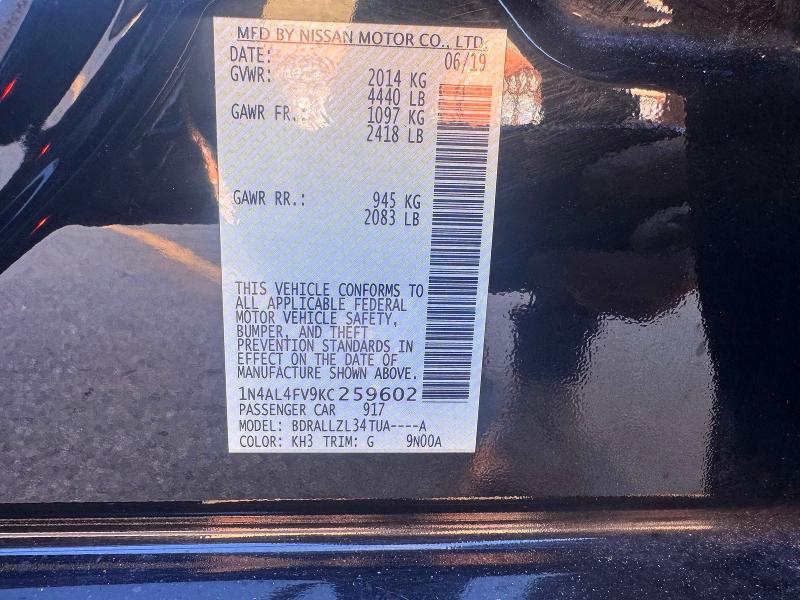 Продажа на аукционе авто 2019 Nissan Altima, vin: 1N4AL4FV9KC259602, номер лота: 72249186