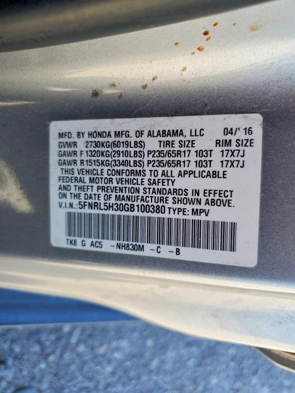 70663176 :رقم المزاد ، 5FNRL5H30GB100380 vin ، 2016 Honda Odyssey مزاد بيع