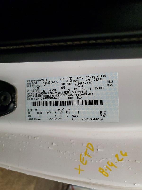 71446176 :رقم المزاد ، 1FTMF1CB5MKD04468 vin ، 2021 Ford F150 مزاد بيع