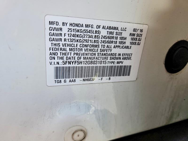 71587196 :رقم المزاد ، 5FNYF5H12GB031015 vin ، 2016 Honda Pilot مزاد بيع
