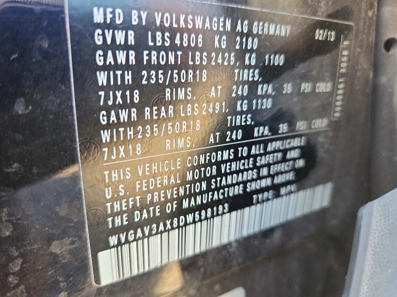 Продаж на аукціоні авто 2013 Volkswagen Tiguan, vin: WVGAV3AX8DW598193, номер лоту: 72133206
