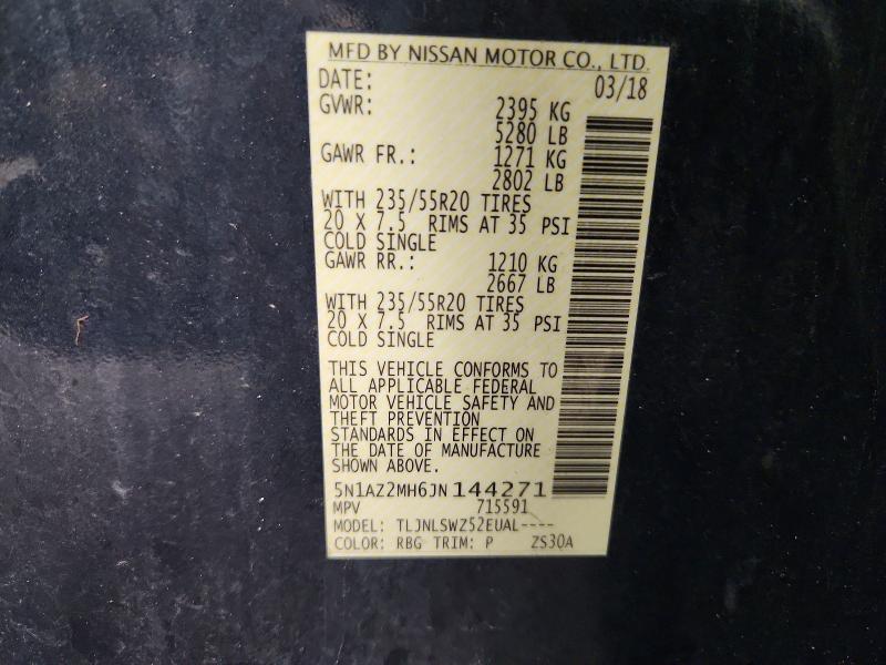 2018 Nissan Murano მანქანა იყიდება აუქციონზე, vin: 5N1AZ2MH6JN144271, აუქციონის ნომერი: 71457496
