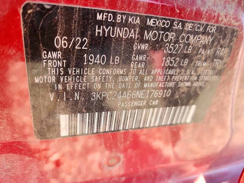 71638806 :رقم المزاد ، 3KPC24A66NE176910 vin ، 2022 Hyundai Accent مزاد بيع