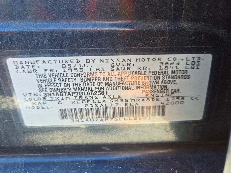 2016 Nissan Sentra მანქანა იყიდება აუქციონზე, vin: 3N1AB7AP7GL662581, აუქციონის ნომერი: 70875046