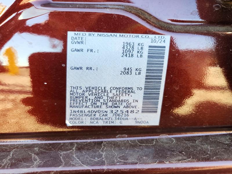 2025 Nissan Altima მანქანა იყიდება აუქციონზე, vin: 1N4BL4DV0SN325482, აუქციონის ნომერი: 72216236