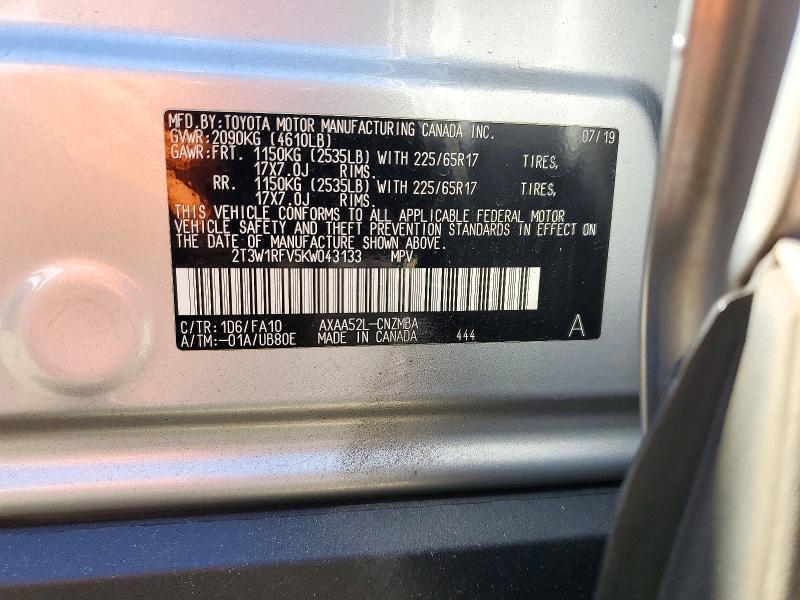71306216 :رقم المزاد ، 2T3W1RFV5KW043133 vin ، 2019 Toyota Rav4 مزاد بيع
