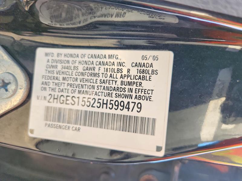 2005 Honda Civic მანქანა იყიდება აუქციონზე, vin: 2HGES15525H599479, აუქციონის ნომერი: 71070936