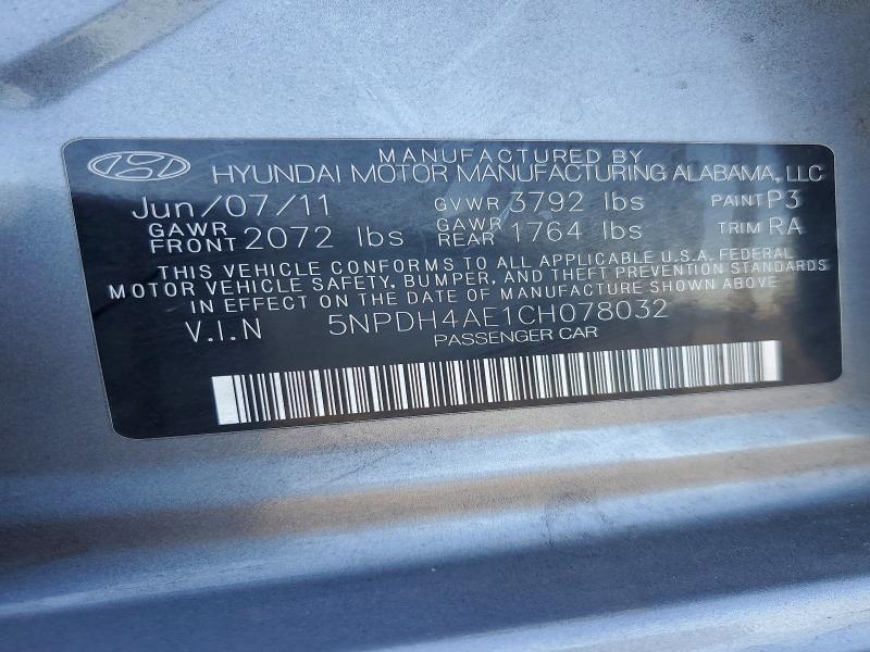 70528286 :رقم المزاد ، 5NPDH4AE1CH078032 vin ، 2012 Hyundai Elantra مزاد بيع