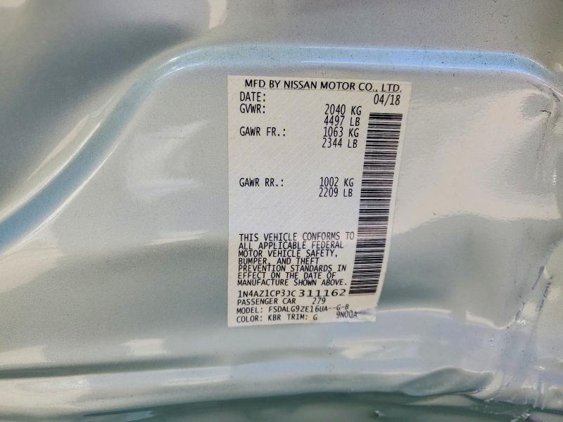 2018 Nissan Leaf მანქანა იყიდება აუქციონზე, vin: 1N4AZ1CP3JC311162, აუქციონის ნომერი: 71671106
