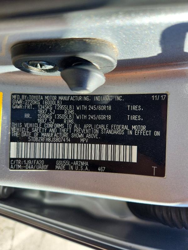 Продажа на аукционе авто 2018 Toyota Highlander, vin: 5TDBZRFH8JS807414, номер лота: 71847046