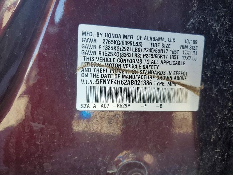2010 Honda Pilot მანქანა იყიდება აუქციონზე, vin: 5FNYF4H62AB021386, აუქციონის ნომერი: 72197326