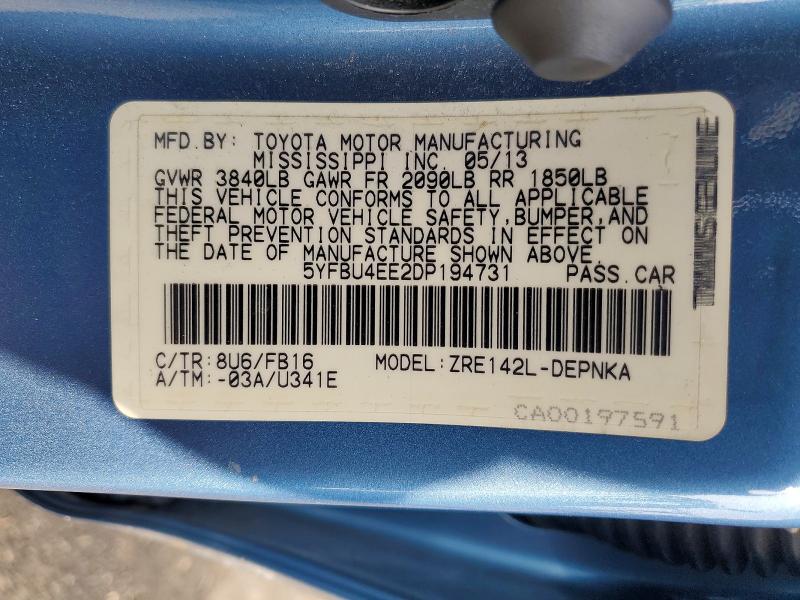 Продаж на аукціоні авто 2013 Toyota Corolla, vin: 5YFBU4EE2DP194731, номер лоту: 71221646