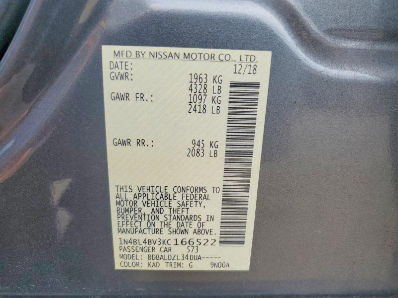 70786006 :رقم المزاد ، 1N4BL4BV3KC166522 vin ، 2019 Nissan Altima مزاد بيع