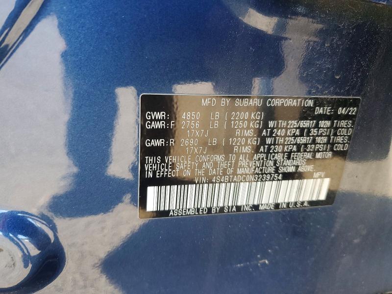 Aukcja sprzedaży 2022 Subaru Outback, vin: 4S4BTADC0N3239754, numer aukcji: 72133366