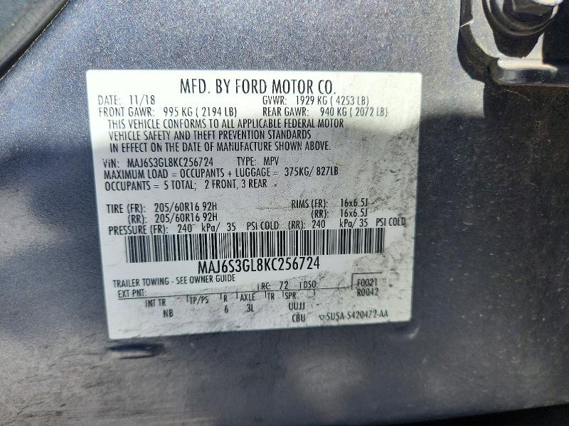 2019 Ford Ecosport მანქანა იყიდება აუქციონზე, vin: MAJ6S3GL8KC256724, აუქციონის ნომერი: 72170626