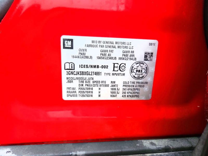 69730986 :رقم المزاد ، 3GNCJKSBXGL274881 vin ، 2016 Chevrolet Trax مزاد بيع